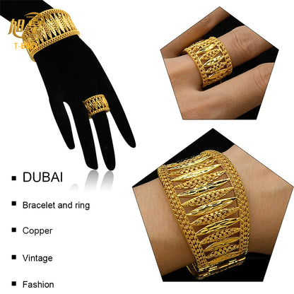 XUHUANG Dubai Exquisite Plated Gold Hollow Bangle With Ring For Women Arab Luxury Charm Copper Bangles Bracelets