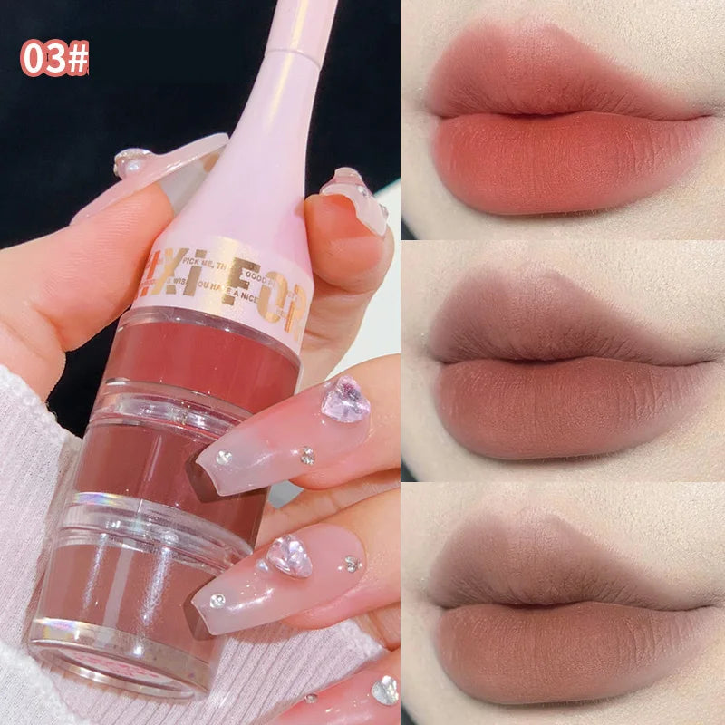 Tri-colour Canned Lip Mud Clay Matte Lipstick Blush Makeup Kit With Lip Brush Non-stick Cup Mousse Red Lip Tint Pigment Cosmetic