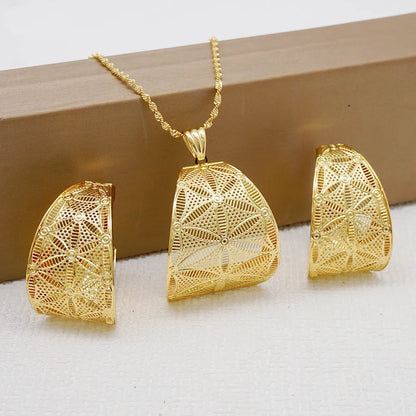 Fashion Dubai Jewelry Sets Gold Color Pendant Copper Classic Earrings Necklace For Women Daily Wear Party Anniversary Gifts