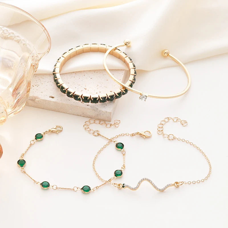 Fashionable Snake Imitation Gemstone Bangle Rhinestone Full Metal Bracelet Set for Women's Jewelry Birthday Party 4PCS/Set