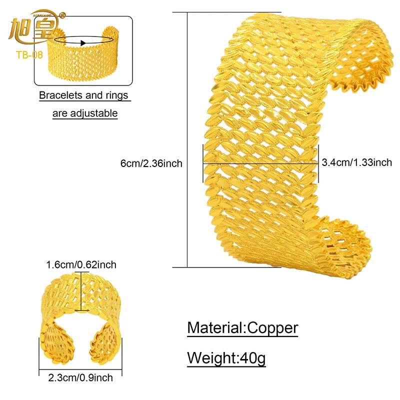 XUHUANG Dubai Exquisite Plated Gold Hollow Bangle With Ring For Women Arab Luxury Charm Copper Bangles Bracelets