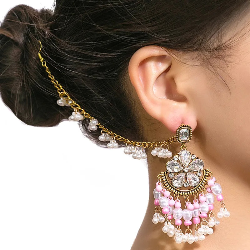 Retro Crystal Flower Indian Earring Link Headdress Jewelry One Piece Pearl Bead Tassel Dangle Earrings Gold Color Bohemia Bijoux