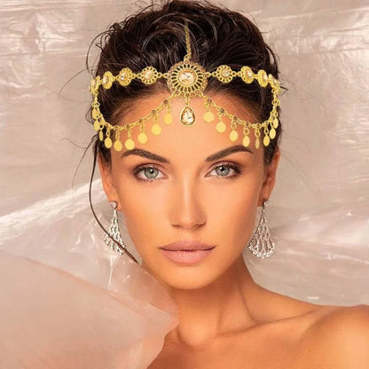 Egyptian Crystal Forehead Headpiece Gold Color Alloy Hollowed Rhinestone Coin Tassel Head Chain Women's Dance Accessories