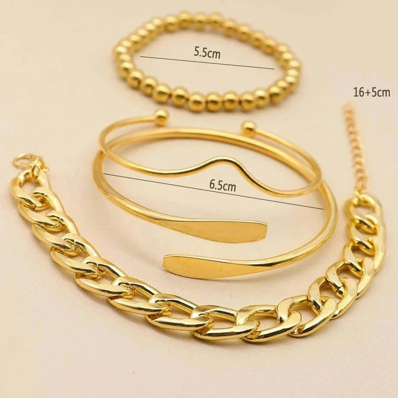 Punk Curb Cuban Chain Bracelets Set for Women Simple Thick Gold Color Charm Bracelets Fashion Jewelry Accessories New 4pcs