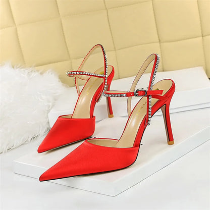 Soft Silk Pointy Toe Women Sandals Summer Crystal Buckle Fashion High Heels for occasions  Shoes Party Woman Pumps