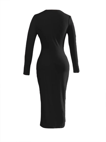 LW BASICS Bodycon Dress Autumn Sexy Women Solid Color Long Sleeve Round Neck Bodycon Maxi Dress evening party comfort