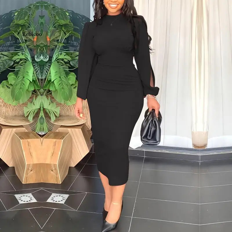 Elegant Women Slim Dress Fashion Round Neck Hollow Out Sleeve Bodycon Midi Dress Pencil Dress - Polyester