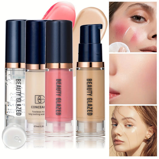 4Pcs Set Primer + Concealer + Liquid Foundation + Liquid Blush Matte Velvet Waterproof Foundation Blush Makeup For Travel