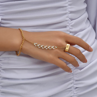 Shiny Rhinestone Pearl Chain Linked Finger Ring Bracelets for Women Punk Cuban Chain Bracelet Link Hand Harness Jewelry