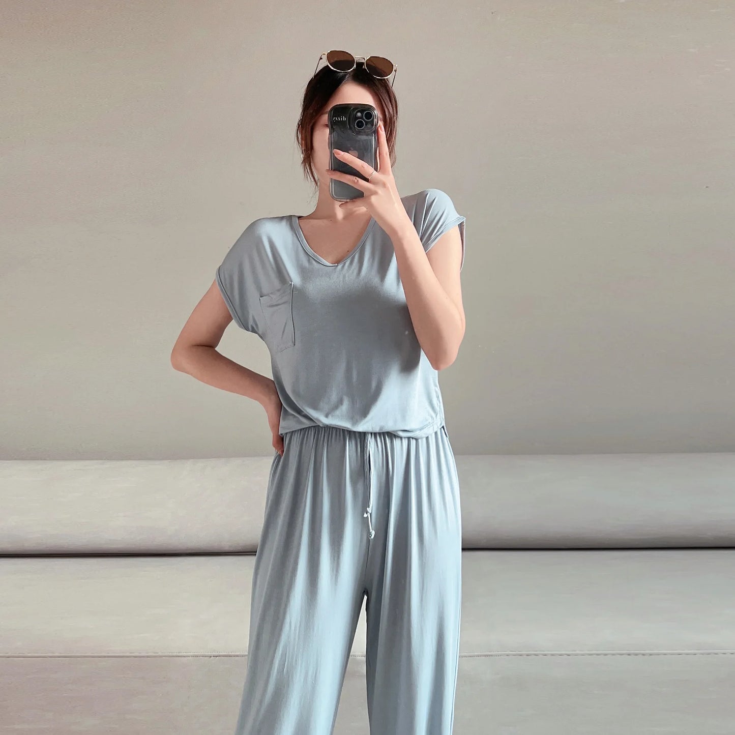 Summer Thin Tshirts V-Neck short sleeves Women Modal Loose T-Shirt with pocket Solid color Plus size Basic Tee Tops