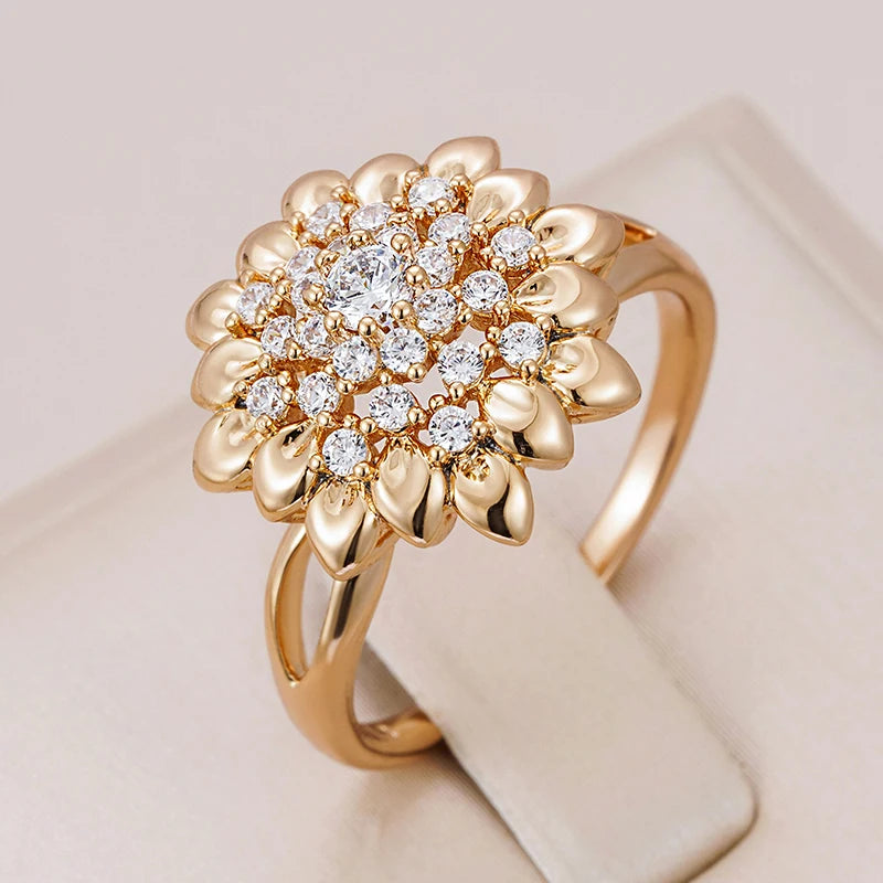 Kinel New 585 Rose Gold Flower Big Ring Fashion Creative Wedding Jewelry Natural Zircon Women Ring Unusual Vintage Jewelry