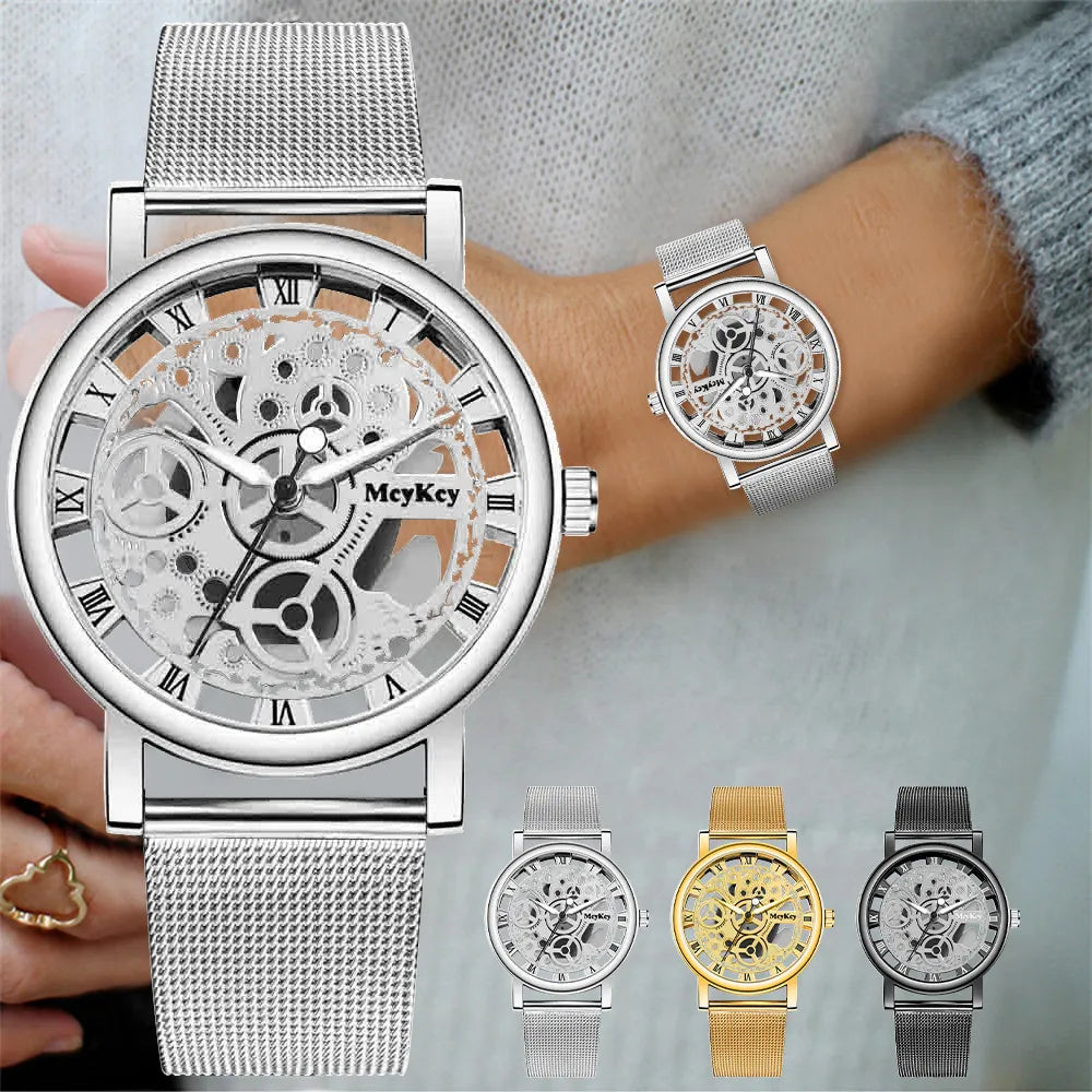 New Fashion Women Hollow Skeleton Faux Mechanical Watch Ladies Metal Mesh Quartz Wrist Watches For Ladies