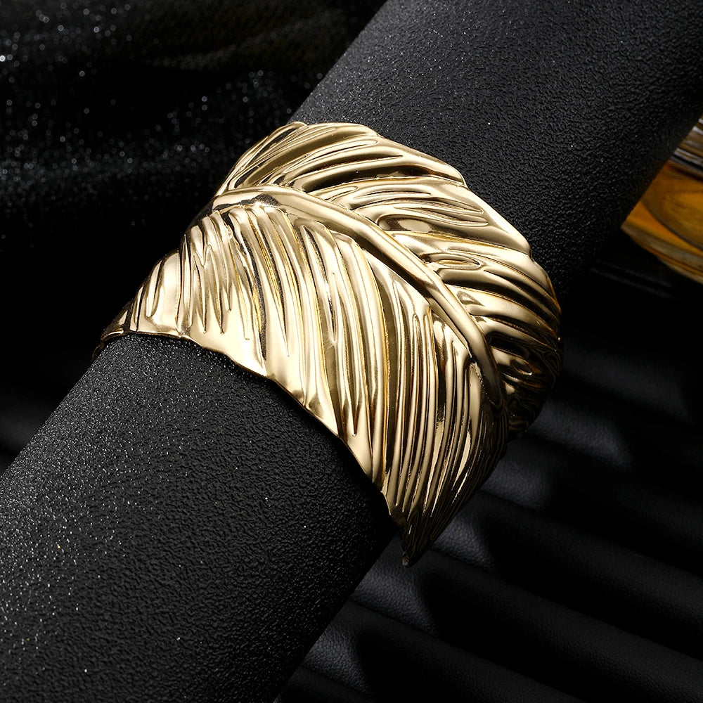 IFMIA Charm Big Metal Feather Opening Bangle For Women Men Gold Color Leaf Bracelet Fashion Jewelry
