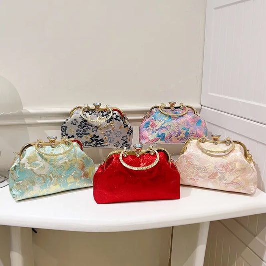 Satin Evening Clutch Bag For Women Diamond Wedding Handbags For Women Elegant Lady Shoulder Crossbody Bag Printing Purse