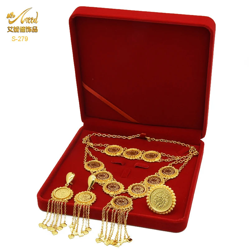 ANIID Dubai Gold Color Coin Necklace Bracelet Jewelry Sets For Women African Ethiopian Bridal Wedding Luxury Jewellery Gifts