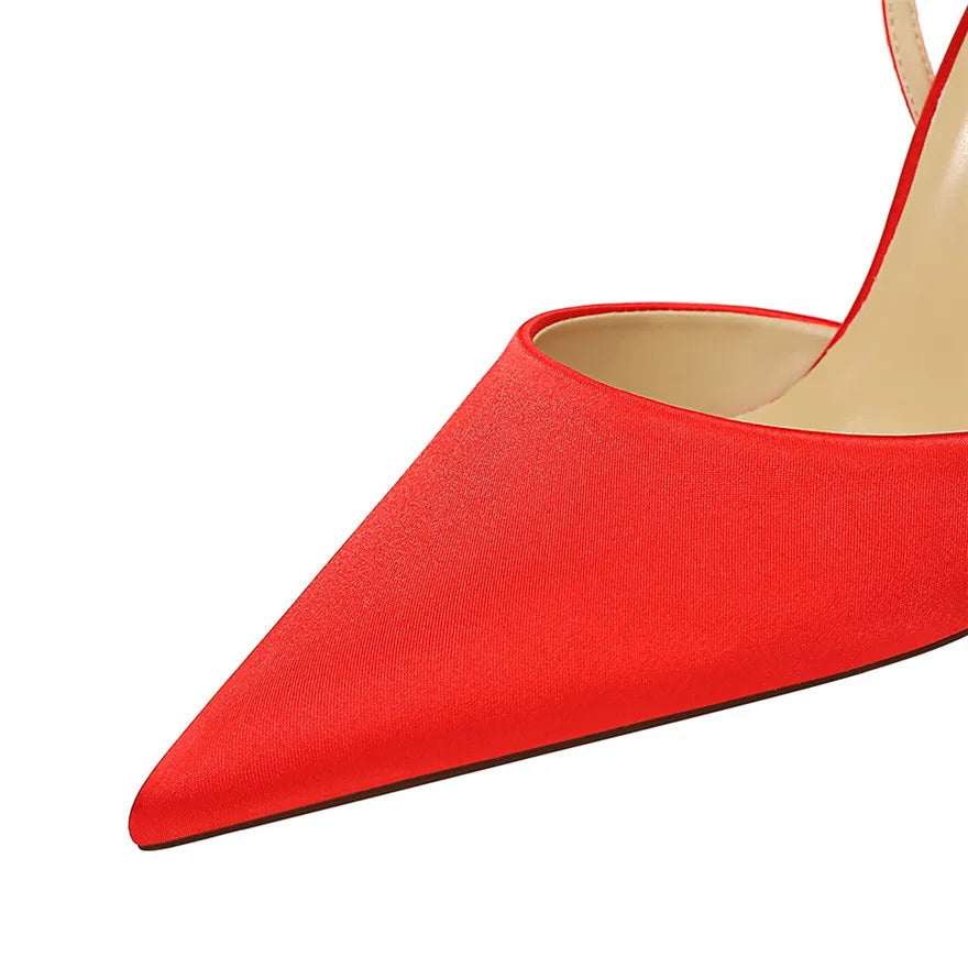 Soft Silk Pointy Toe Women Sandals Summer Crystal Buckle Fashion High Heels for occasions  Shoes Party Woman Pumps