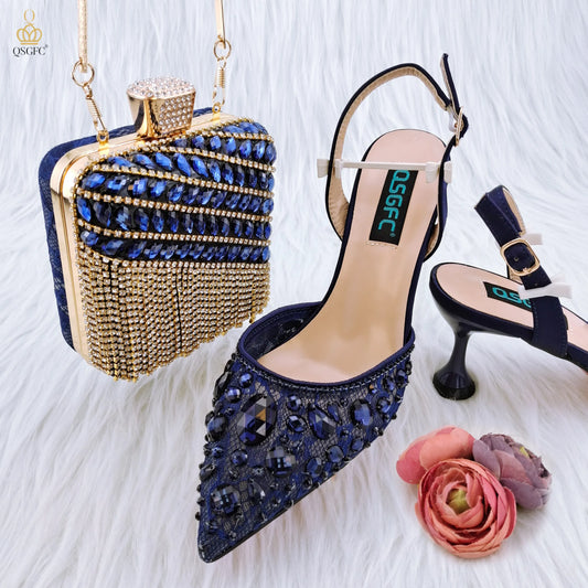 QSGFC  Italian Design  Ladies Party Shoes and Bag Fashion Lace Mini Bags and Mid Heel Pointed Shoes