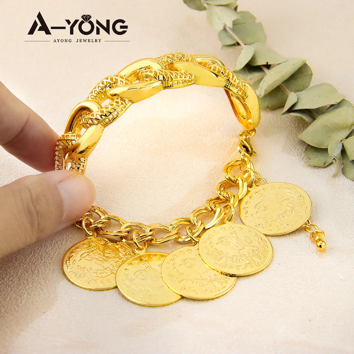 Punk Coins Bracelet 21k Gold Plated Turkish Fashion Gold Bangles Woman Festival Event Party Jewelry