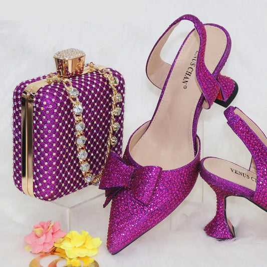 New Arrivals Special Design Purple Color African Women Shoes and Bag Set Pointed Toe Pumps for Wedding Party