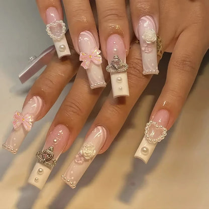 24PCS Sweet Long Strawberry Cute Bear False Nails Designs Fake Nails For Women Girls On Nail Art Embellishment Wearable Nails