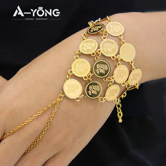 Turkish Coins Bracelet Finger Ring 18k Gold Plated Chic Elegant Bangles Women Wedding Party Jewelry