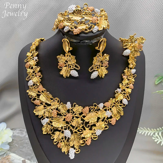 Women Nigerian Design 18K Gold Plated Jewelry Set Necklace Drop Earrings Bracelet Ring Trendy Bridal Wedding Party accessories