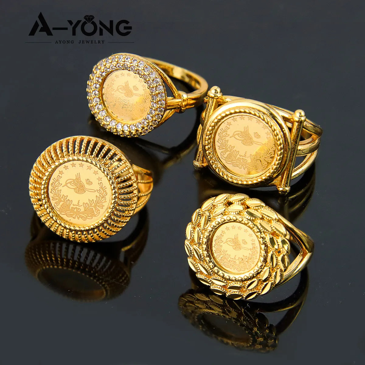 Turkish Coin Gold Rings 18k Gold Plated Zircon Dubai Style for occasions and Party Accessories