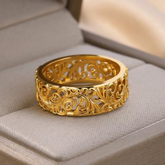 Hollow Flower Rings For Women Gold Color Stainless Steel Ring Female Engagement Wedding Party Finger Jewelry Trend