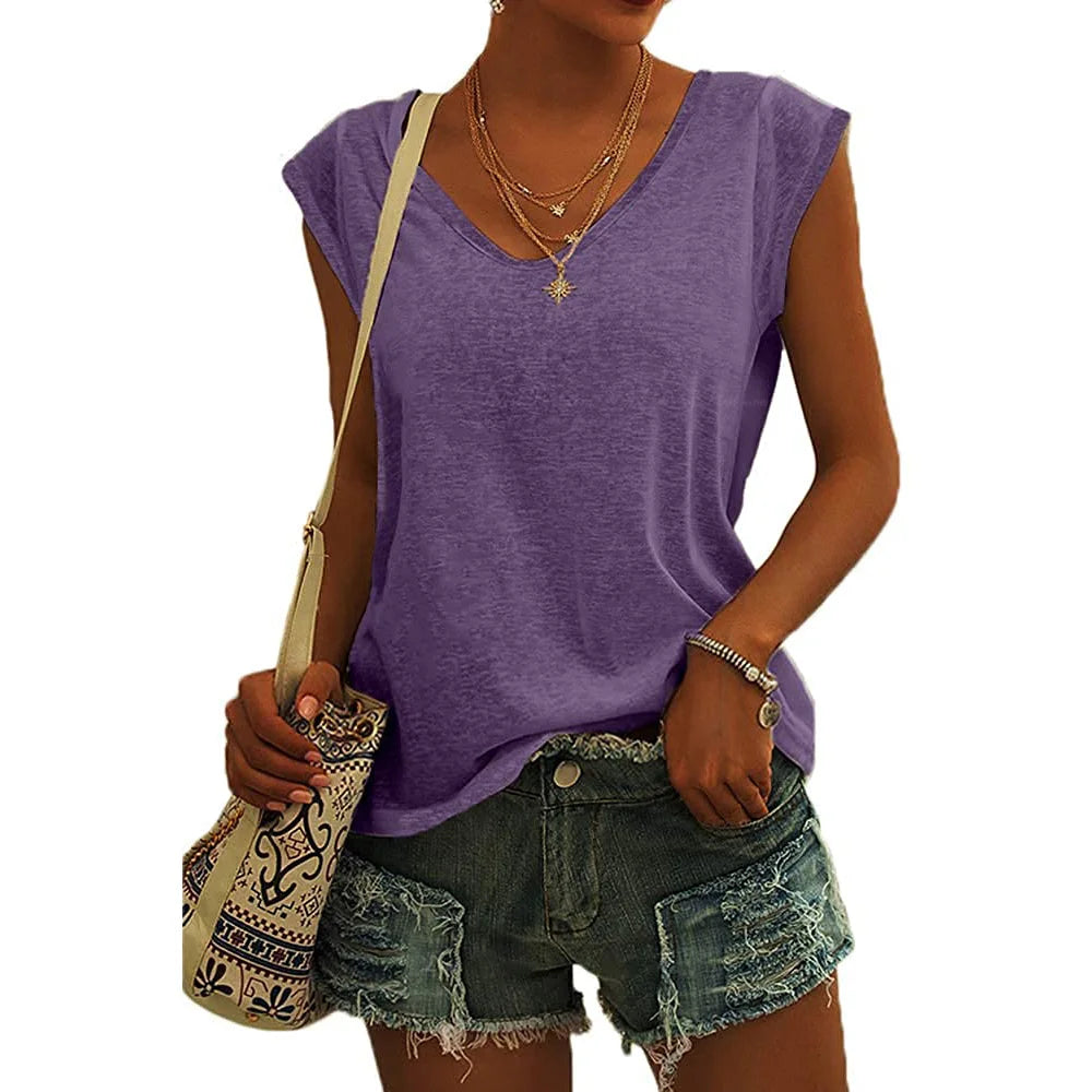 Summer Fashion Street V-neck T-shirts Women Fitness Tank Top Camisole Solid Color Breathable Cool Vest Tops Female Clothing
