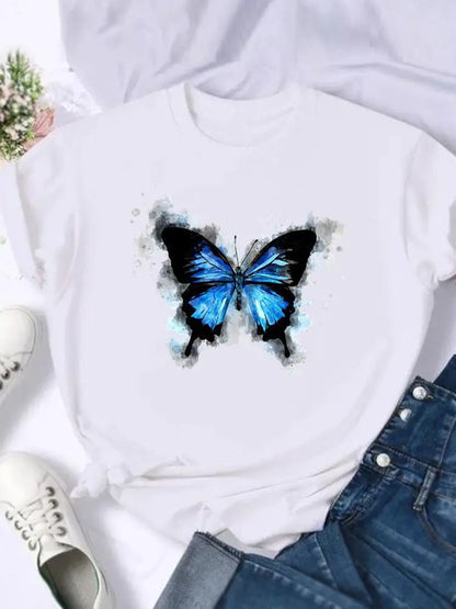 Women's European and American Clothing Butterfly Letter Printed Short-sleeved T-shirt Tops  Graphic T Shirts  Harajuku