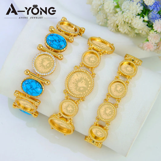 Luxury Arab Gold Color Coins Cuff Bracelet 21k Gold Plated Waterproof Turkish Coins Bangles Dubai Women Wedding Party Jewelry