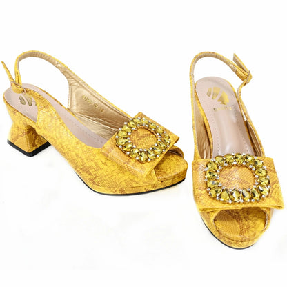 Autumn New Design Specials Italian Women Shoes and Bag Set Comfortable Mid Heels With Rhinestone in Yellow Color