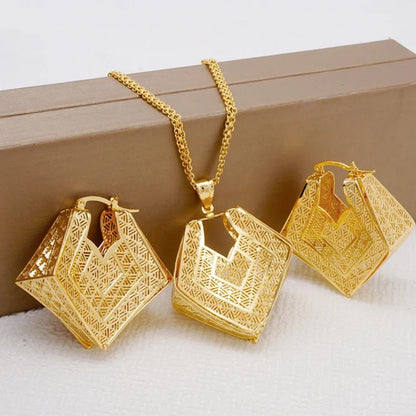 Fashion Dubai Jewelry Sets Gold Color Pendant Copper Classic Earrings Necklace For Women Daily Wear Party Anniversary Gifts