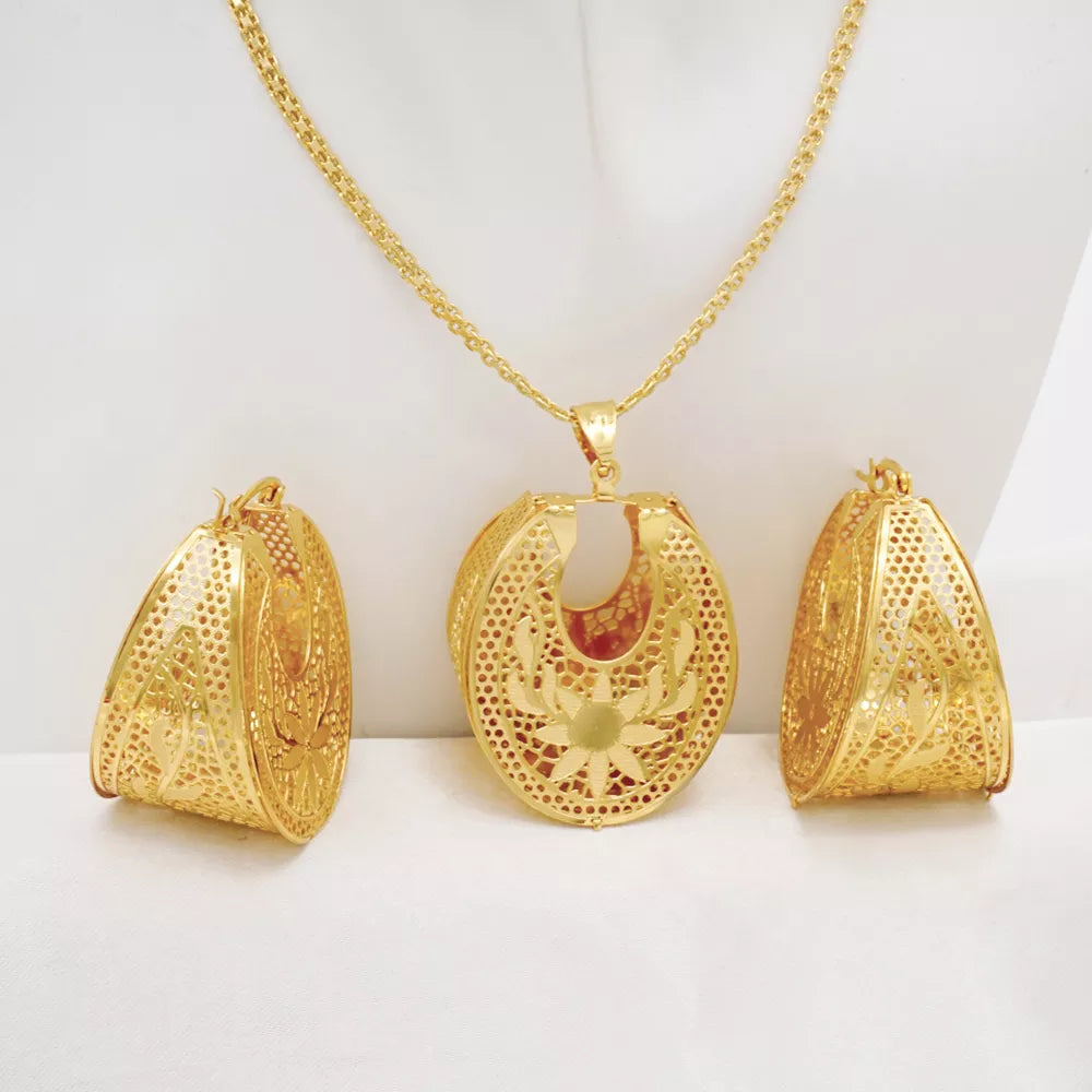 Fashion Dubai Jewelry Sets Gold Color Pendant Copper Classic Earrings Necklace For Women Daily Wear Party Anniversary Gifts