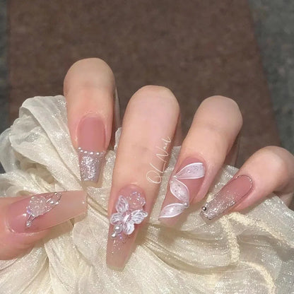 24Pcs Glossy Long Coffin Press On Nails White French Style False Nails With Bow And Flower Design Glitter Rhinestone Fake Nails