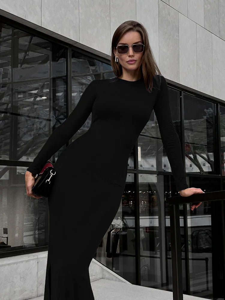 Elegant Split Solid Bodycon Sheath evening  Women Dresses O Neck Long Sleeve Slim - Polyester