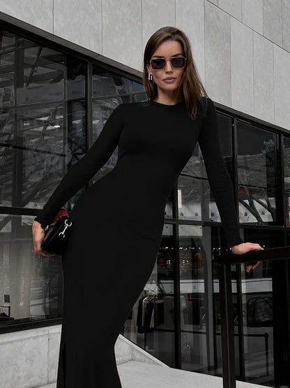 Elegant Split Solid Bodycon Sheath evening  Women Dresses O Neck Long Sleeve Slim - Polyester