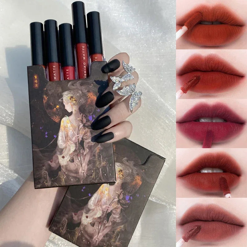 Lip Glaze Box Lipstick Matte Velvet Lipsticks Party Lipstick Nonstick Cup Lip Gloss Lips Makeup Waterproof Cosmetics 5Pcs/Set