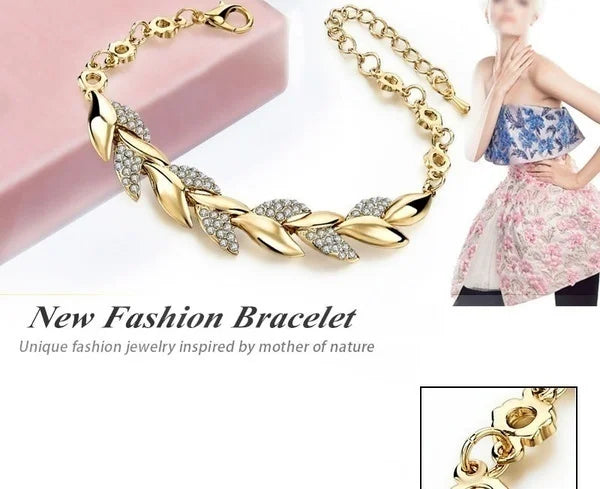 Delysia King Women Inlaid Crystal Golden Leaf Bracelet Trendy Bride Wedding Jewelry