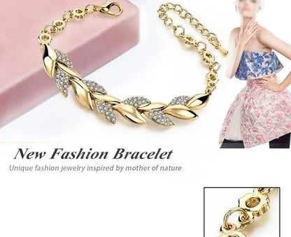 Delysia King Women Inlaid Crystal Golden Leaf Bracelet Trendy Bride Wedding Jewelry