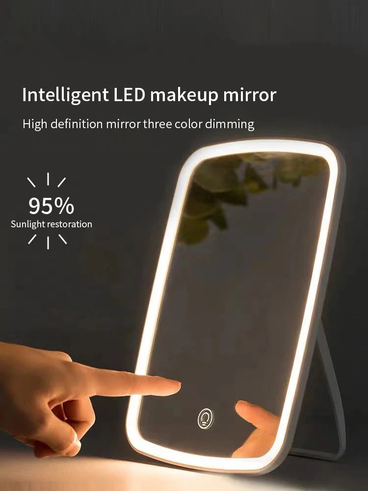 LED Makeup Mirror with Stand Desktop Folding Compact White Square Travel Cosmetic Mirror With light Student Makeup Mirror