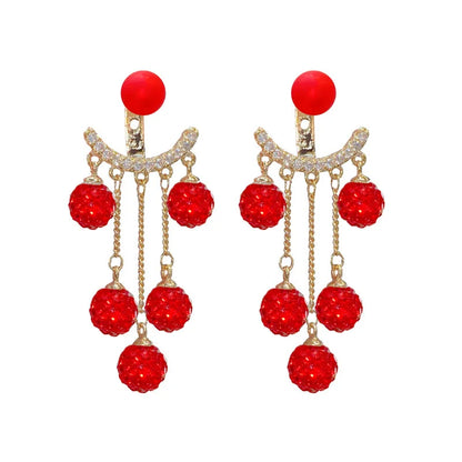 Rhinestone Ball Tassel Earrings Silver Needle Fashion Red Long Earrings For Women