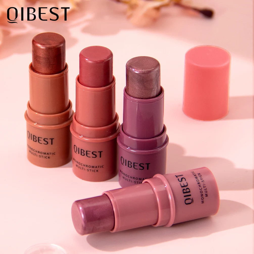 QIBEST Blush Stick Cream Waterproof Lightweight Face Blusher Matte Natural Eyes Cheek And Lip Tint Rouge Muli-Use Makeup Stick