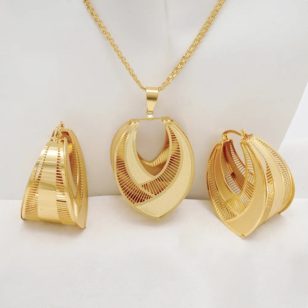 Fashion Dubai Jewelry Sets Gold Color Pendant Copper Classic Earrings Necklace For Women Daily Wear Party Anniversary Gifts