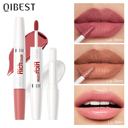 QIBEST Matte Lipstick Double Head Lip Balm 2 In 1 Stick Glitter Lipgloss Shine Liquid Lipstick Moisturizing Long Lasting Makeup