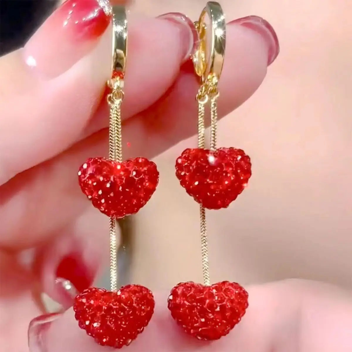 Exquisite Red Heart Sweet Cute Personality Zircon Gold Color Dangle Earrings Women Daily Party Gift Jewelry
