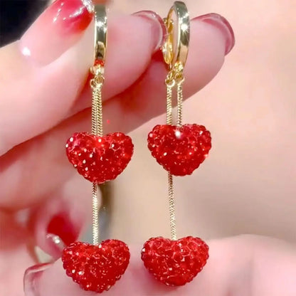 Exquisite Red Heart Sweet Cute Personality Zircon Gold Color Dangle Earrings Women Daily Party Gift Jewelry