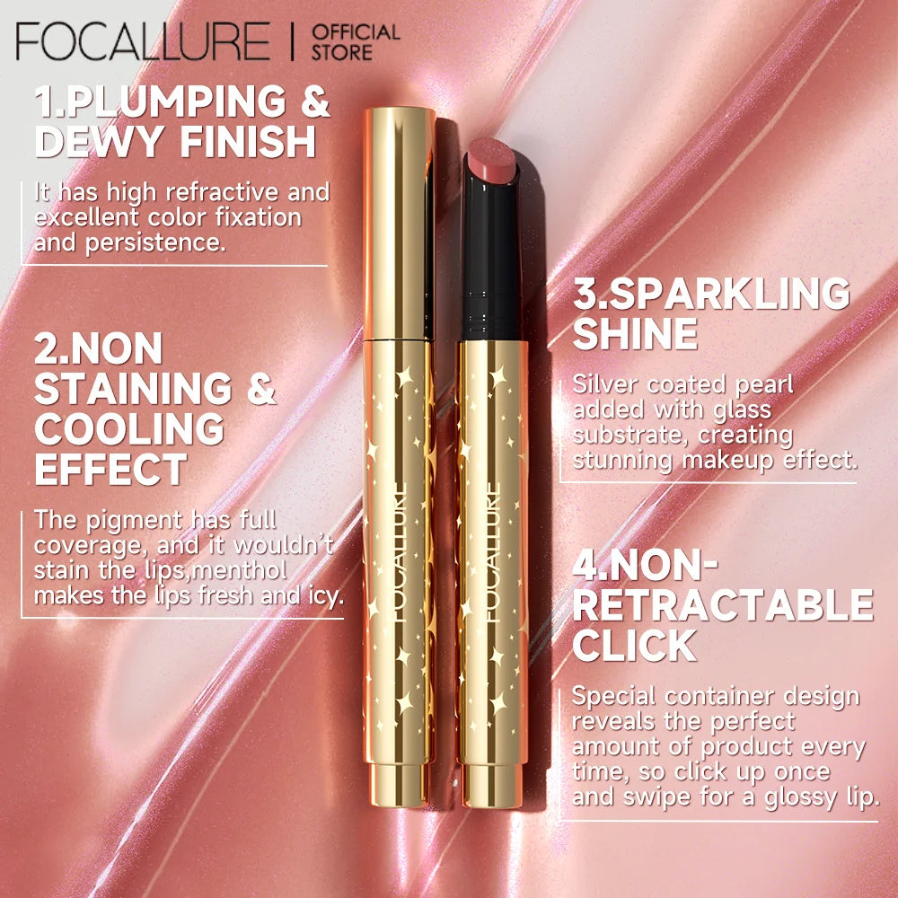 FOCALLURE Shimmer Lip Gloss Stick Moisturizing Long Lasting Sparkle Lip Gloss Lip Balm 7 Colors Lips Makeup Cosmetics