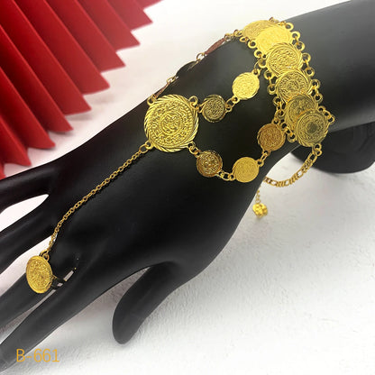 Turkish Coin Bracelet with Ring 24k Gold Plated Tassel Bangle Party Event Accessories Gift