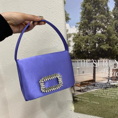 Andralyn Luxury Diamond Square Button Women's Evening Bag Party Clutch Purses Satin Rhinestone Small Square Bag Chains Shoulder Bag Bolsa